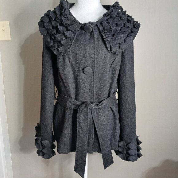 FERATELLI WOOL BLEND COCKTAIL JACKET, RUFFLED COLLAR AND CUFFS, GRAY, SIZE XL - Picture 1 of 12